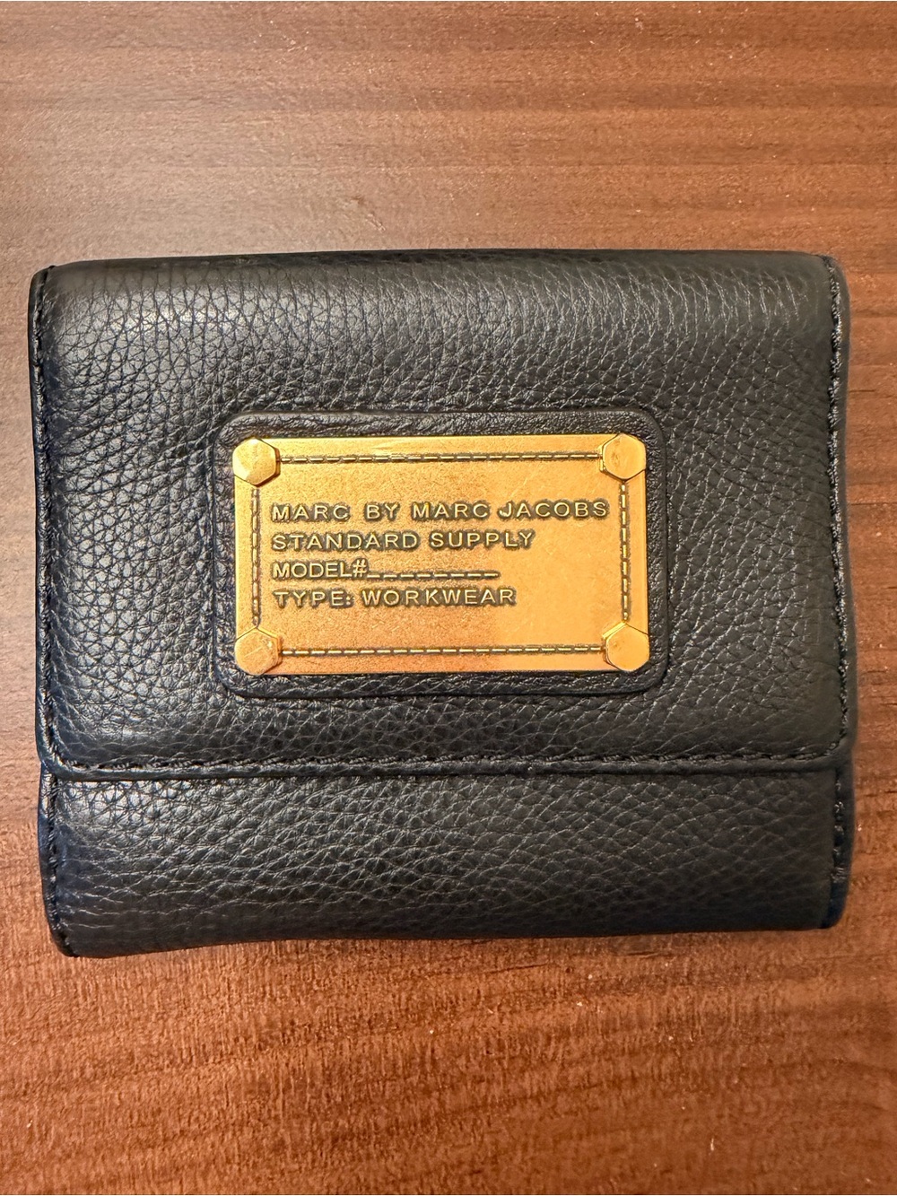 Marc by Marc Jacobs Black Leather Trifold Wallet with Gold Plaque